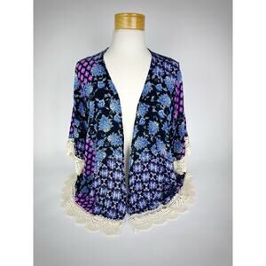 Front Of Closet Short Sleeve Paisley Cardigan w/ Crochet Scalloped Hem Boho